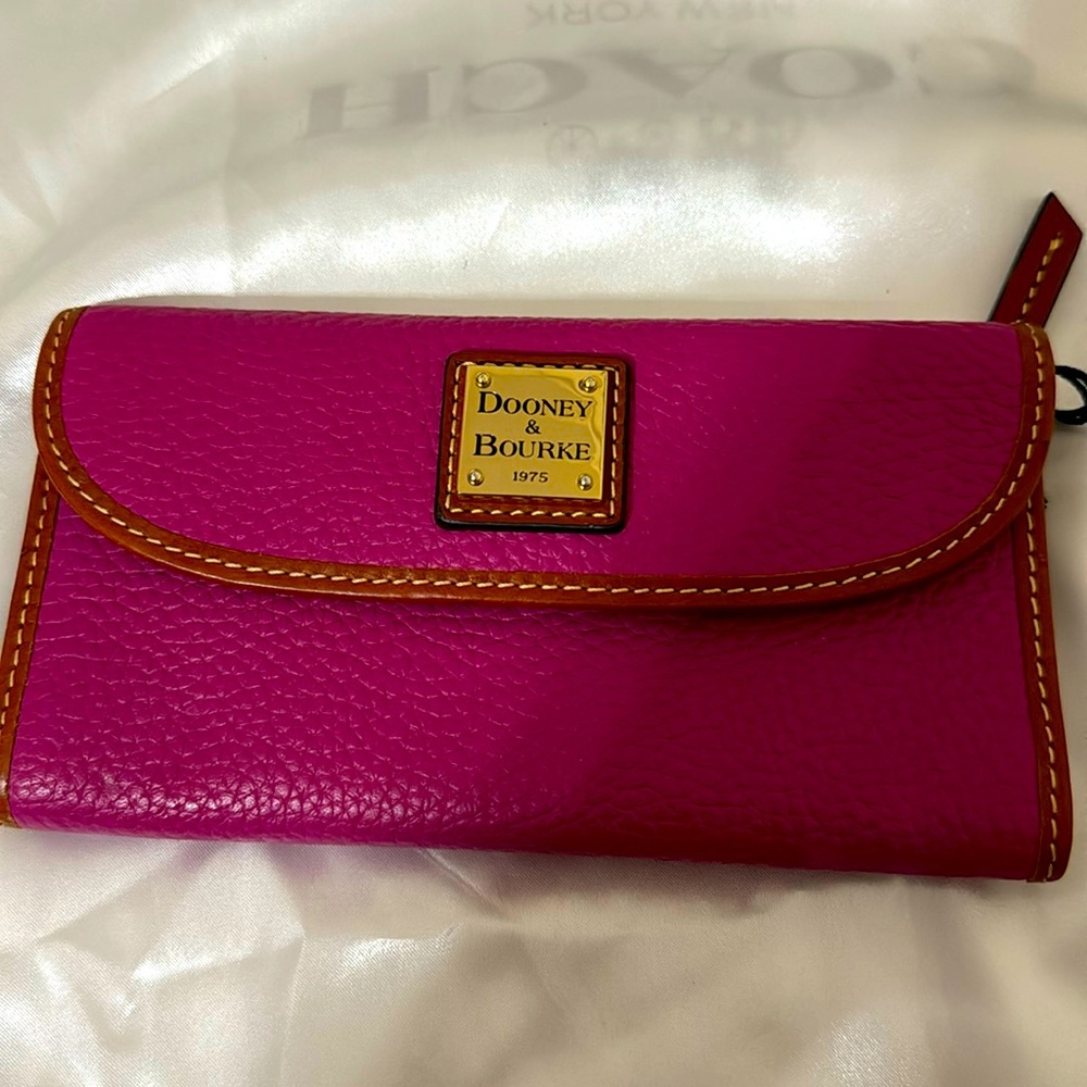 Dooney & Bourke Fuchsia Pebbled Leather Wallet with Brown Trim